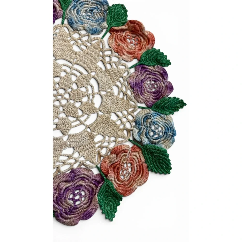 Handmade Crochet Rose Posy Doily 12 Inch Floral Centerpiece Decor